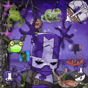 a cartoon of a purple knight with frogs and a deer