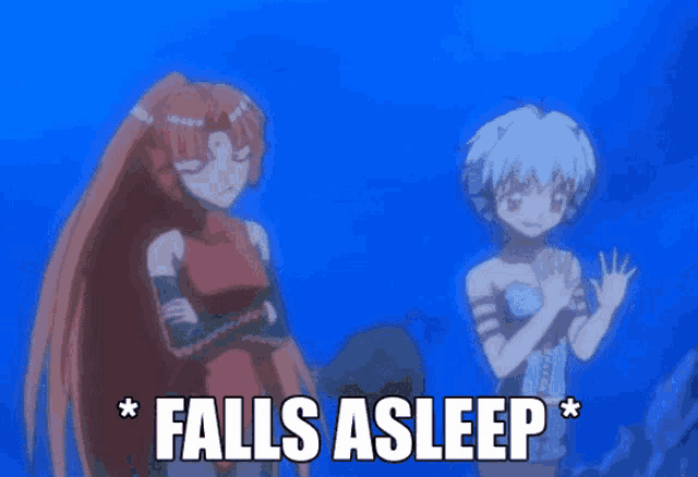 two anime girls are standing next to each other with the words falls asleep above them