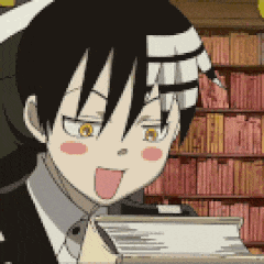 a cartoon character is sitting in front of a bookshelf with his tongue out