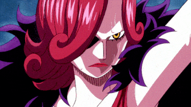 a woman with red hair and purple feathers has a yellow eye