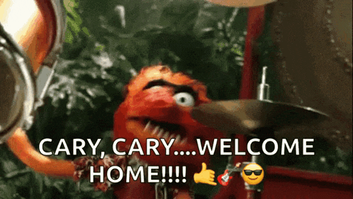 a cartoon character playing drums with the words cary cary welcome home