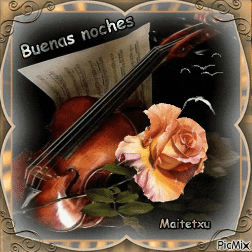 a picture of a violin and a rose with the words buenas noches on the bottom