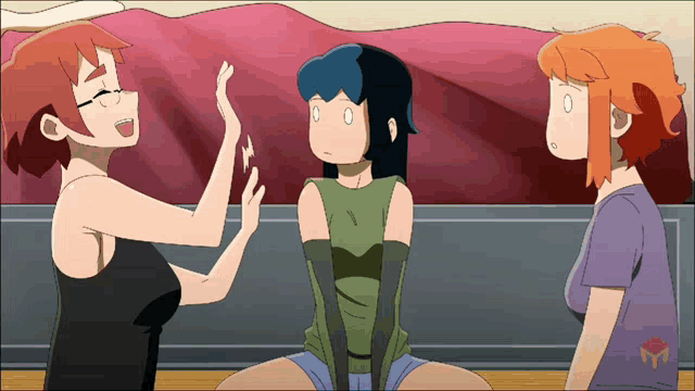 a cartoon drawing of three girls one of whom is giving another girl a high five
