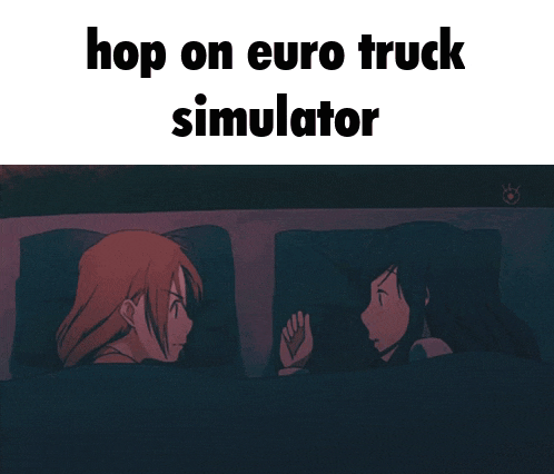 a picture of two girls in bed with the words hop on euro truck simulator