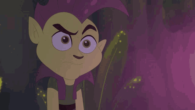 a cartoon character with purple hair and green ears