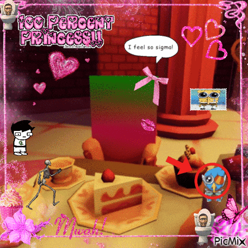 a picture of a table with a cake and a speech bubble saying i feel so sigma