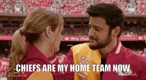 a man and a woman are looking at each other with the words chiefs are my home team now written below them