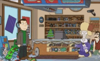 a cartoon of a man standing in front of a store with a sign that says ' christmas ' on it