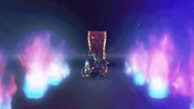 a red chair with a gold trim is surrounded by purple and blue lights .