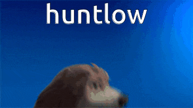 the word huntlow is on a blue background with two wolves