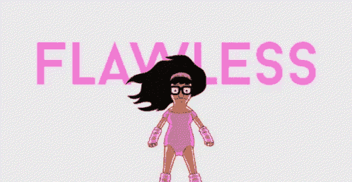 a cartoon character in a pink bodysuit is standing in front of the word flawless .