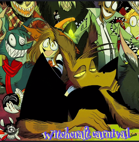 a witchcraft carnival poster with cartoon characters