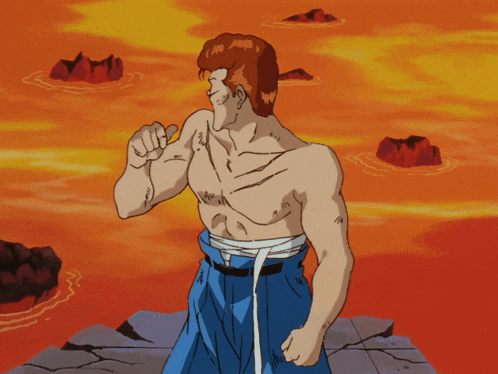 a man without a shirt is standing on a rock in front of a red background