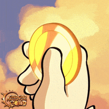a cartoon drawing of a hand holding a gold coin with the words gold gold adventure gold above it