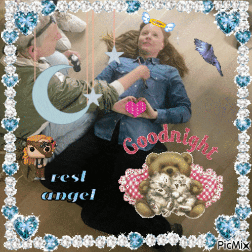 a picture of a woman laying on the floor with the words goodnight rest angel on the bottom