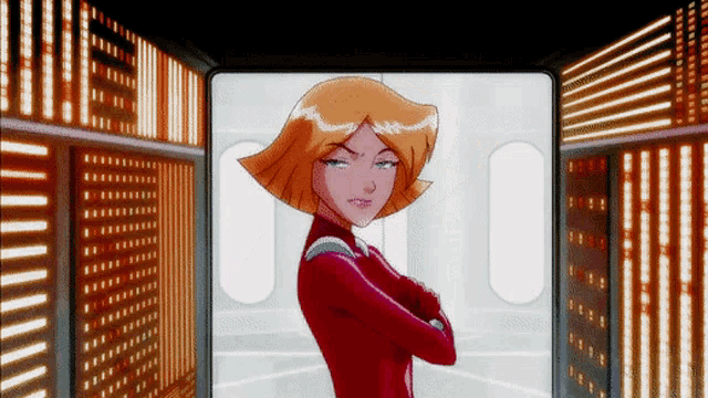 a cartoon character is standing with her arms crossed in a hallway