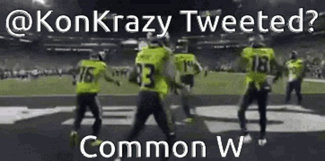 a group of football players are dancing on a field with the words " konkrazy tweeted " above them