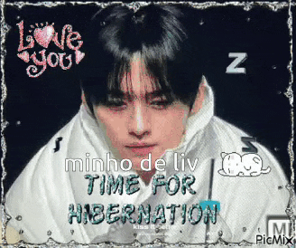 a picture of a man with the words " minho de liv time for hibernation " written on it