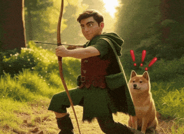 a man in a green cape is holding a bow and arrow