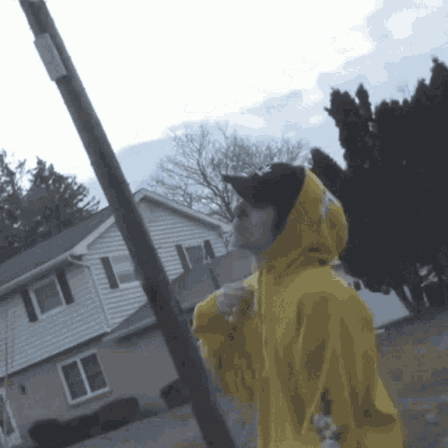 a person wearing a yellow hoodie and a black hat stands in front of a house
