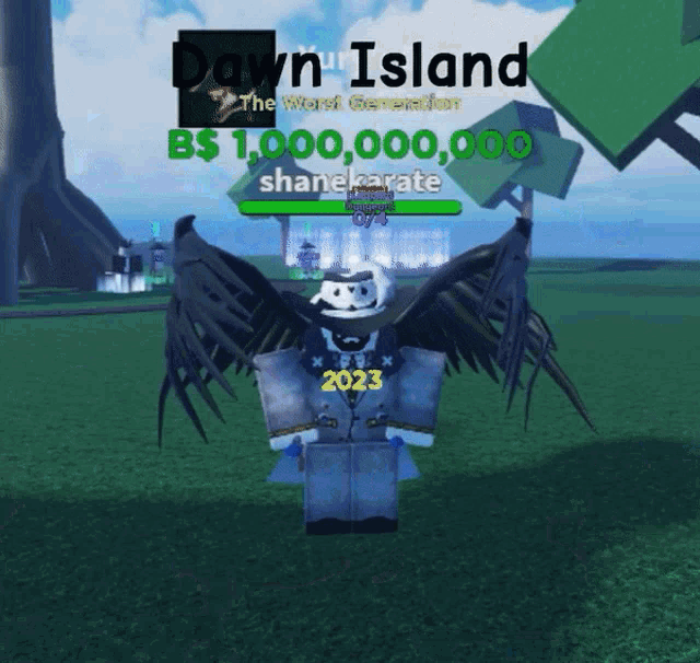 a cartoon character is standing in a field with the words dawn island in the background