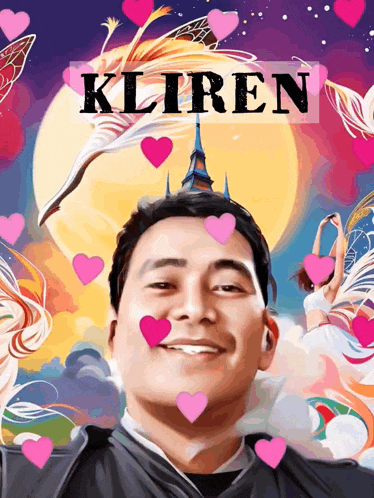 a painting of a man with hearts around his face and the word kliren on the bottom