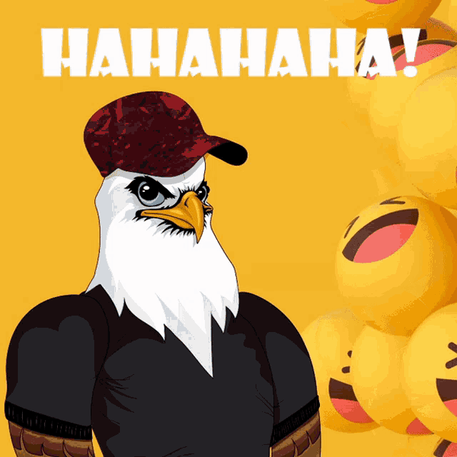 a bald eagle wearing a red hat and a black shirt is surrounded by smiley faces and the words " hahahaha "