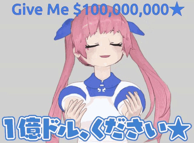 a girl with pink hair is holding her hands up in front of a sign that says give me $ 100,000