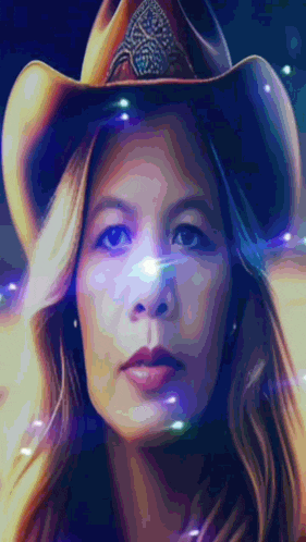 a woman wearing a cowboy hat with a purple light coming out of her eyes