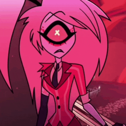 a cartoon character with pink hair and red eyes has an x on her eye
