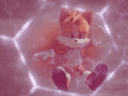 tails the fox from sonic the hedgehog is sitting in a bubble surrounded by purple smoke .