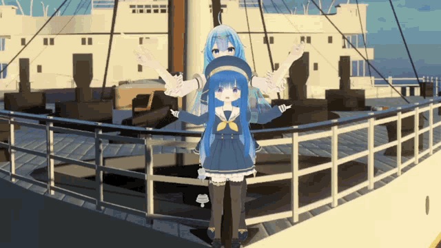 a girl with blue hair and a sailor hat is standing on a boat