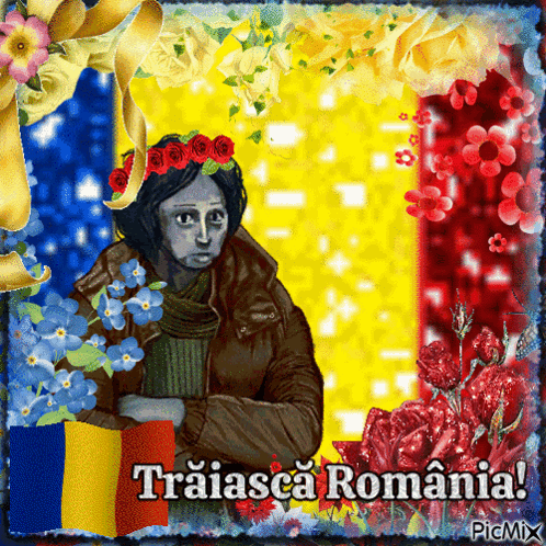 a picture of a woman with flowers on her head and the words traiasca romania on the bottom