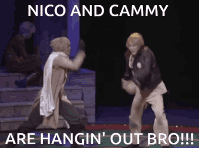 a picture of two people dancing with the caption nico and cammy are hangin ' out bro !!!