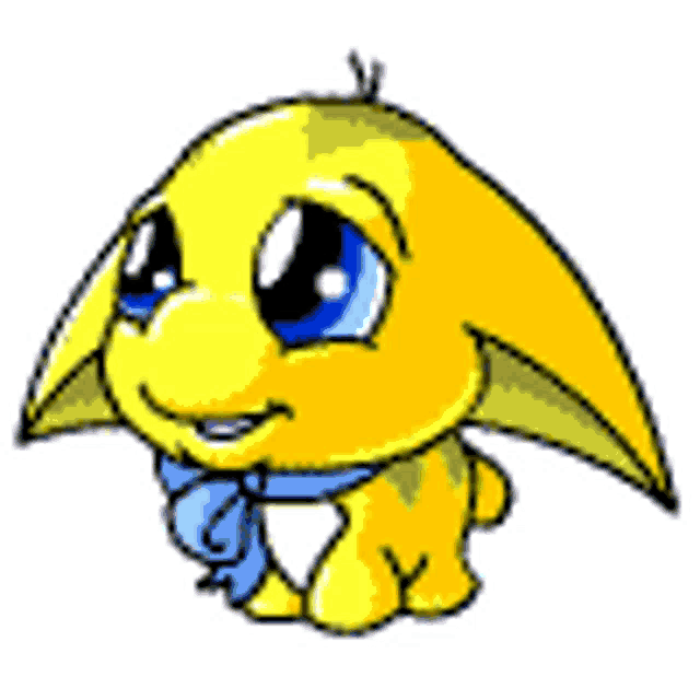 a yellow cartoon character with blue eyes is wearing a blue scarf around its neck .