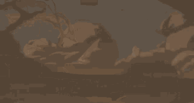 a painting of a desert landscape with a few rocks in the foreground