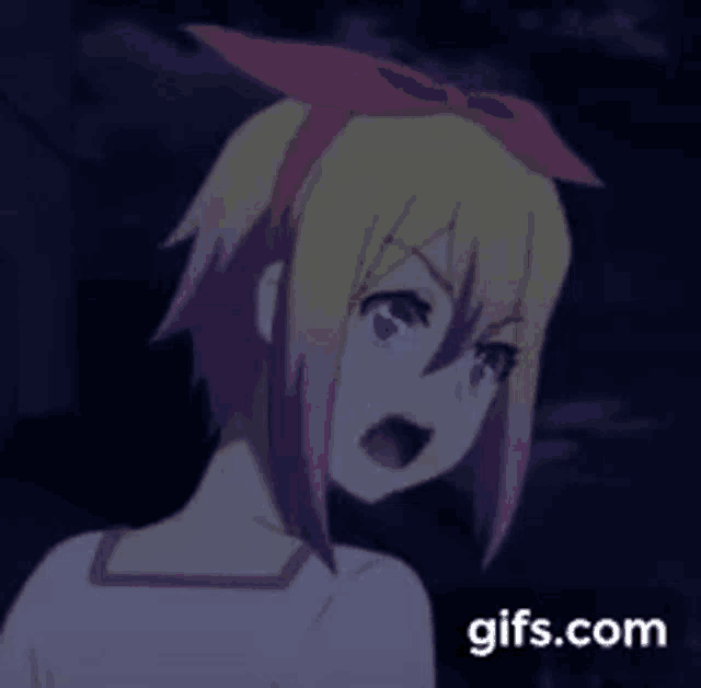 a gif of a girl with purple hair and a pink bow on her head