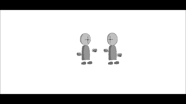 a couple of cartoon characters standing next to each other on a white background
