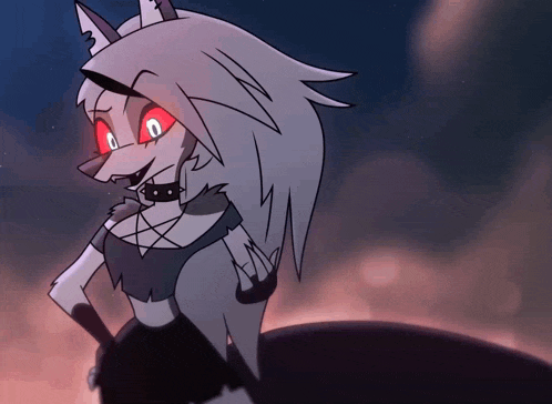 a cartoon wolf with red eyes and a pentagram necklace