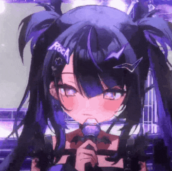a girl with purple hair is singing into a microphone with the word rock on her head