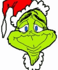 a cartoon of grinch wearing a santa hat and smiling .