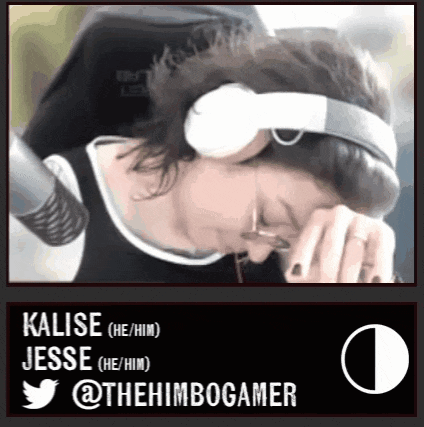 a person wearing headphones and a black shirt with kalise jesse @thehimbogamer written on it