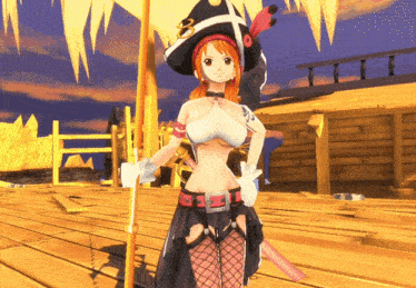 a woman in a pirate outfit holds a pole