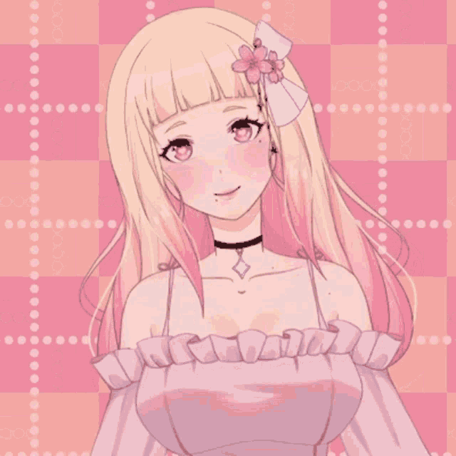 a girl with blonde hair is wearing a choker and a flower in her hair