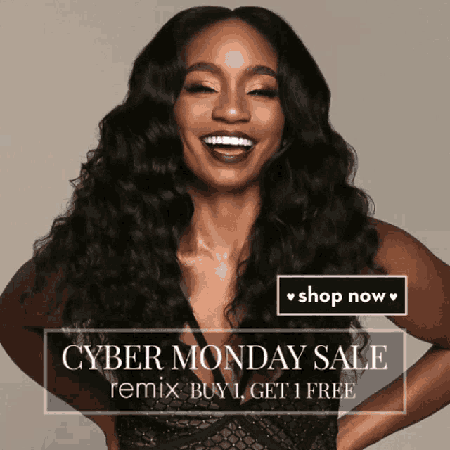 a woman is smiling in front of a cyber monday sale ad