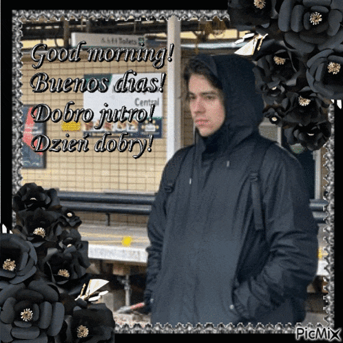 a picture of a man in a hooded jacket says good morning