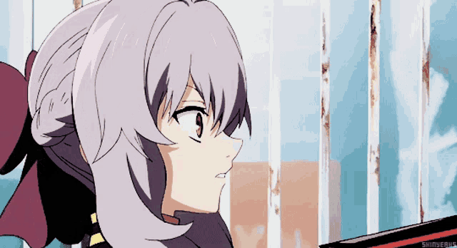 a girl with purple hair is standing in front of a fence and a sign that says shinigura