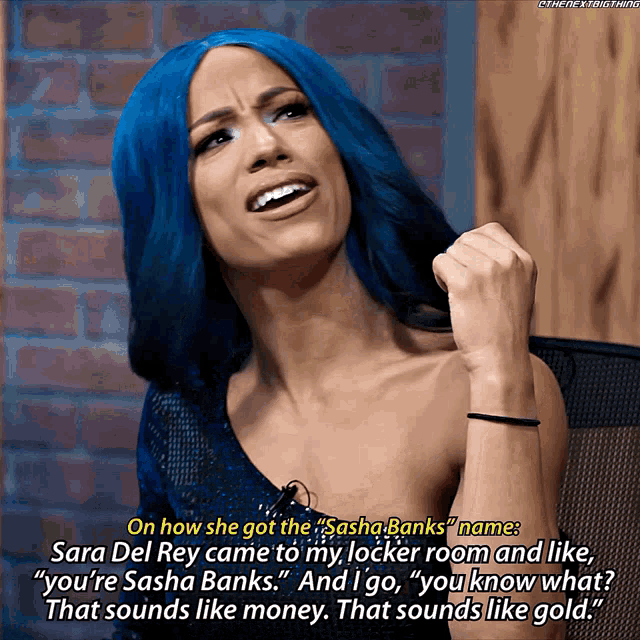 a woman with blue hair is talking about sara del rey