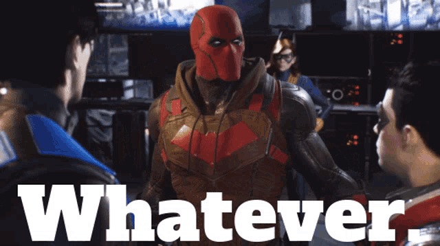 a poster with a red hood and the word whatever on it