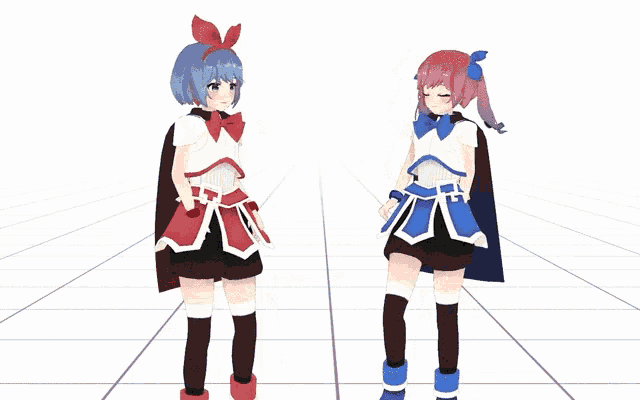 two anime girls are dancing in front of a white background with chinese writing on it